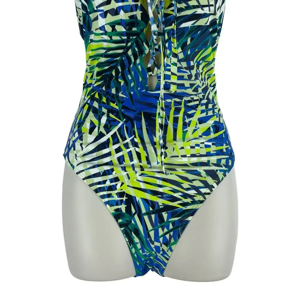 Aerie Tropical Leaf Print Plunge V Neck Lace Up One Piece Swimsuit Size S
